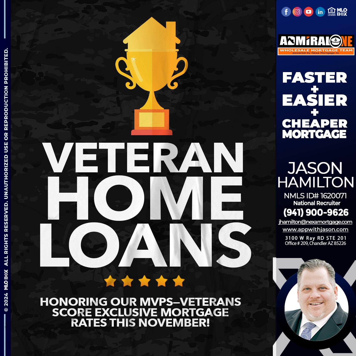 VETERANS HOME LOANS - Jason Hamilton -Branch Manager  LOS Coach  National Recruiter