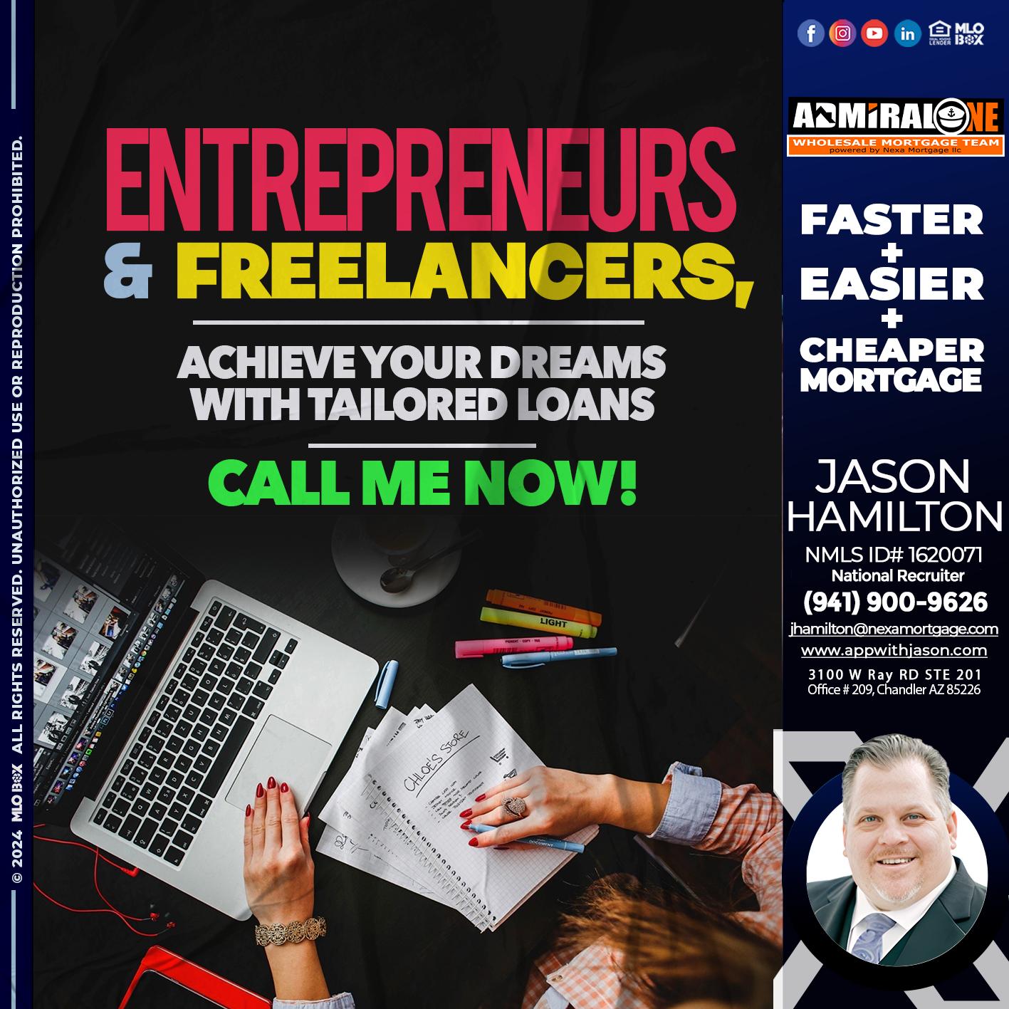 entreprenuers and freelancers - Jason Hamilton -Branch Manager  LOS Coach  National Recruiter