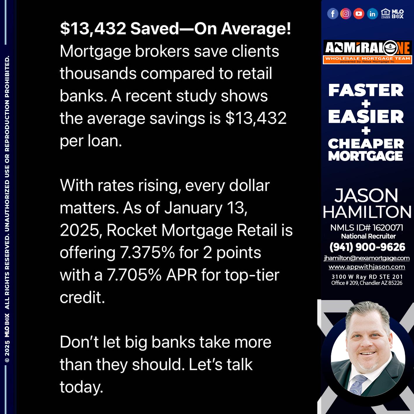 saved on average - Jason Hamilton -Consultative Lender Branch Manager Recruiter