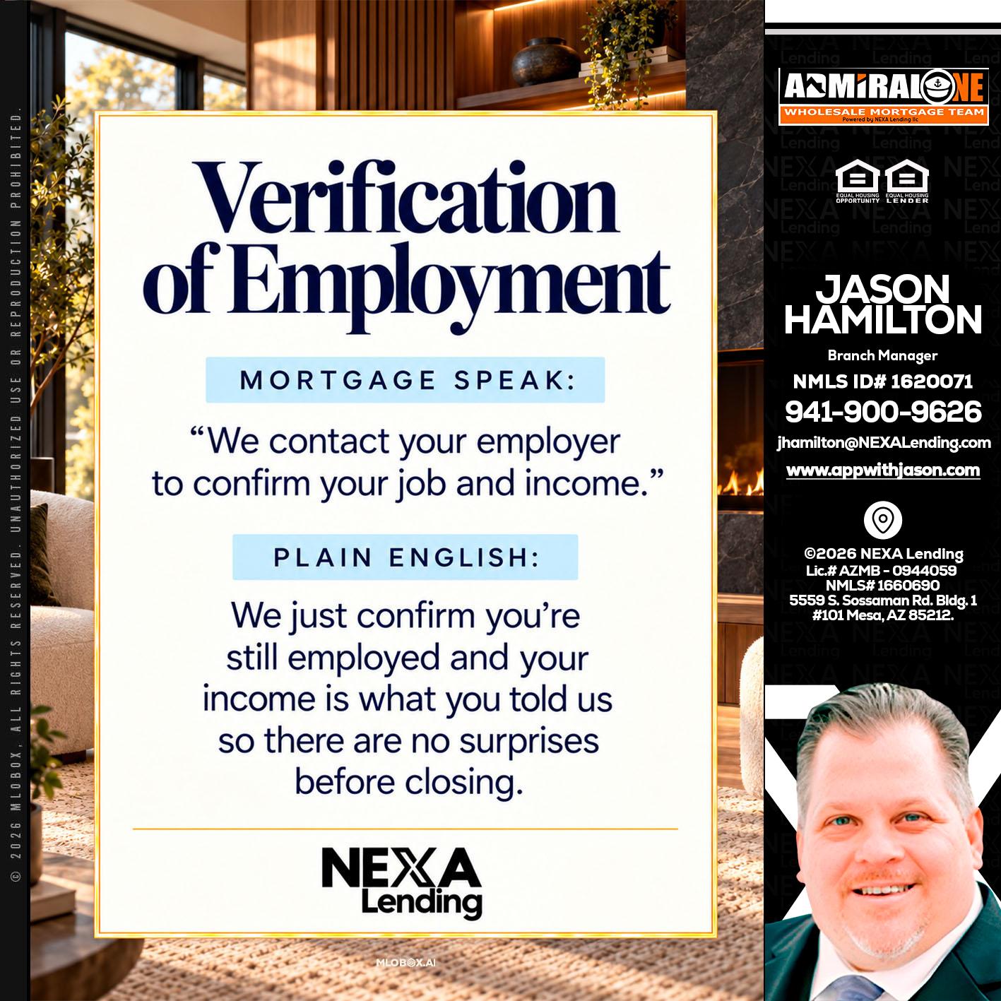 VERIFICATION OF EMPLOYMENT - Jason Hamilton -Branch Manager